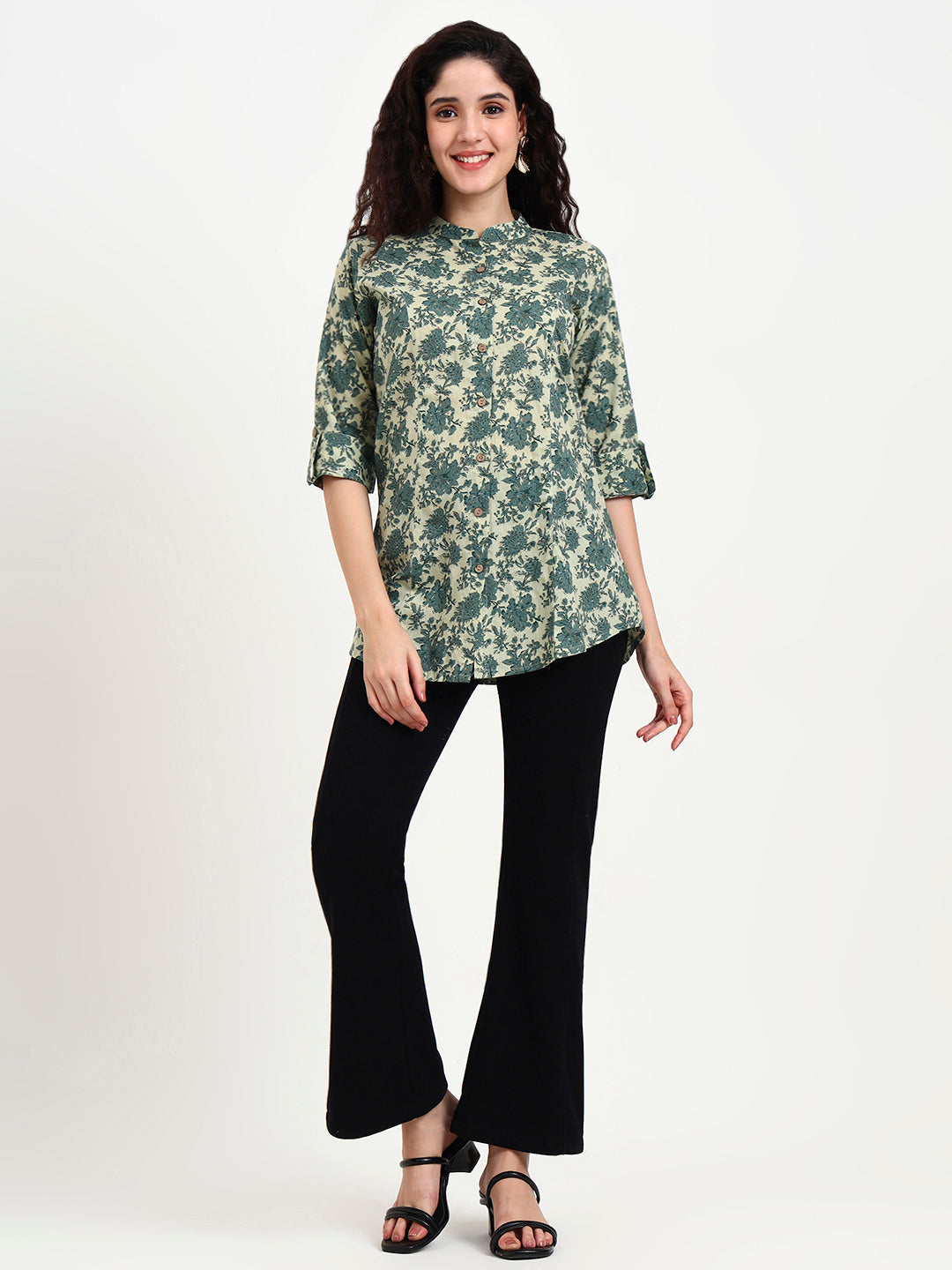 Green Floral Print Cotton Top