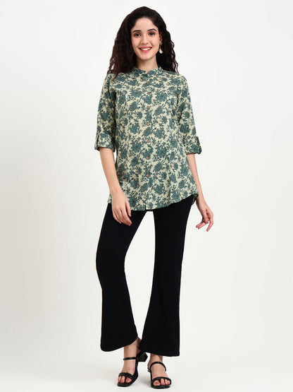 Green Floral Print Cotton Top