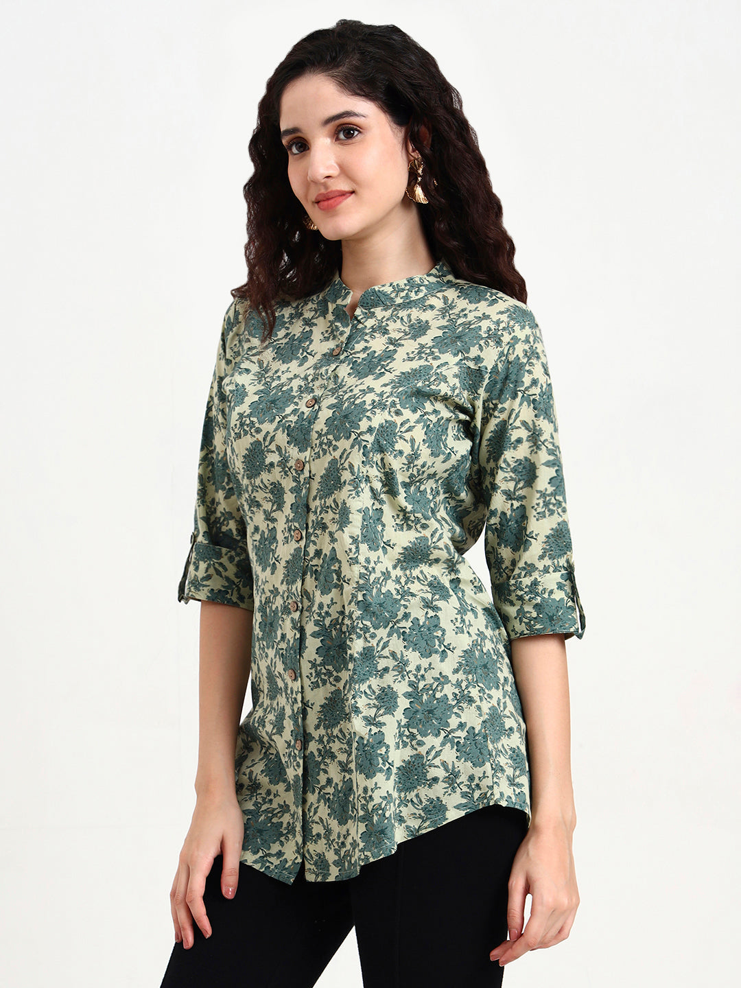 Green Floral Print Cotton Top