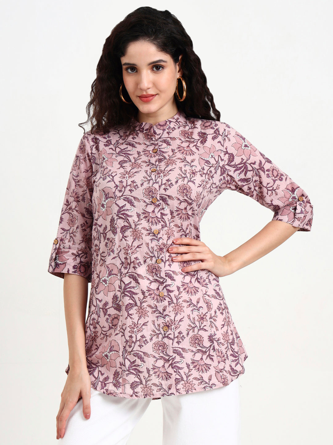 Light Purple Floral Print Cotton Top