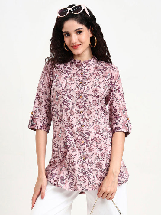 Light Purple Floral Print Cotton Top