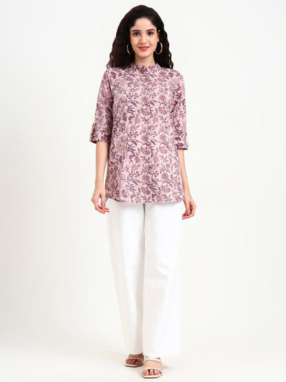 Light Purple Floral Print Cotton Top