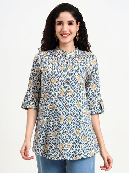 Blue Geometric Printed Cotton Top