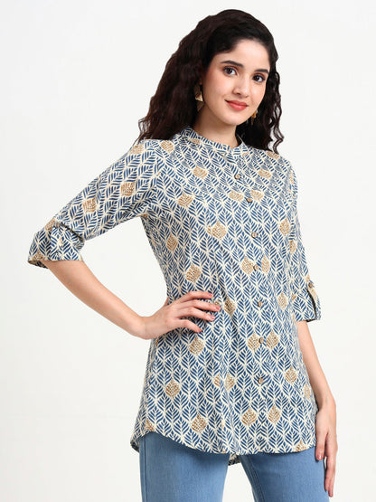 Blue Geometric Printed Cotton Top