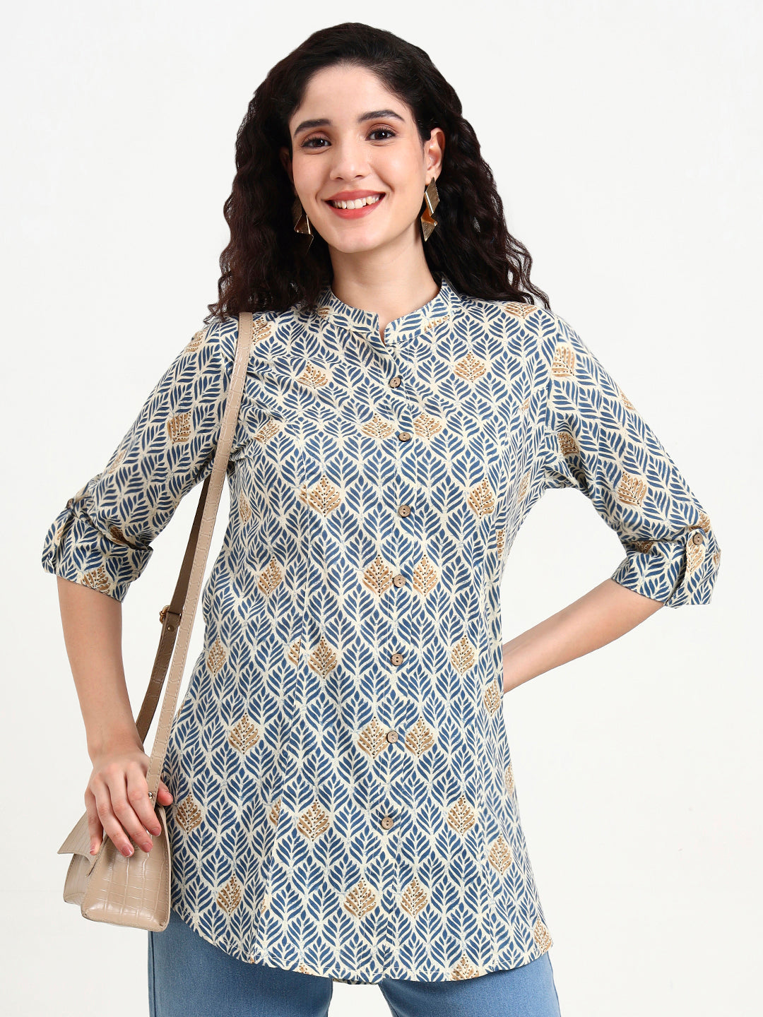 Blue Geometric Printed Cotton Top