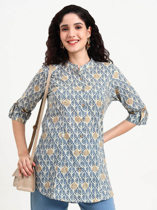 Blue Geometric Printed Cotton Top