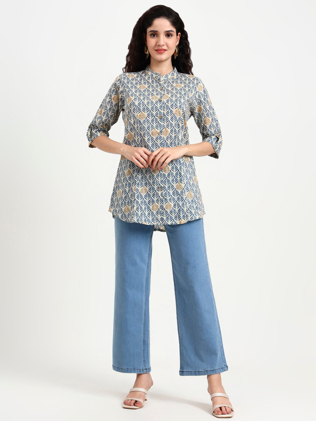 Blue Geometric Printed Cotton Top