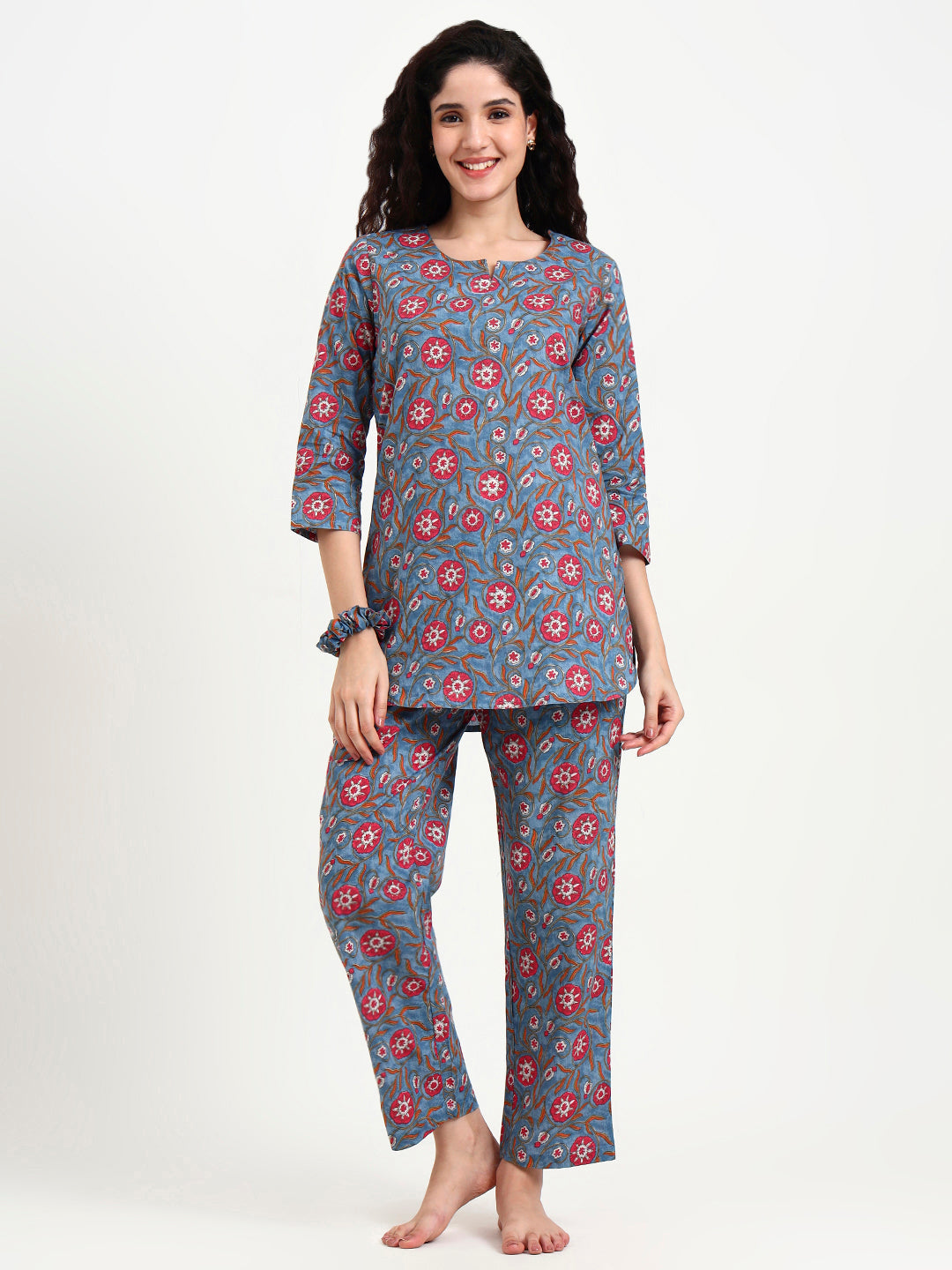 Blue Floral Print Cotton Night Suit