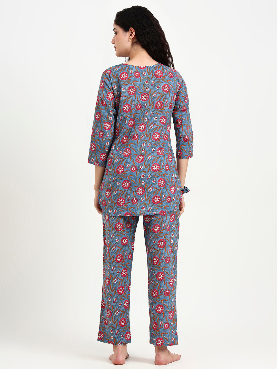 Blue Floral Print Cotton Night Suit