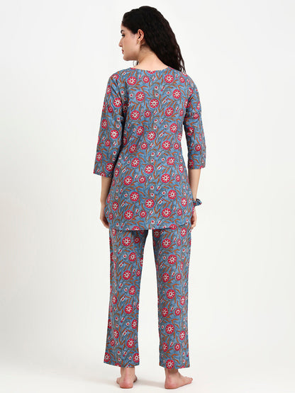 Blue Floral Print Cotton Night Suit