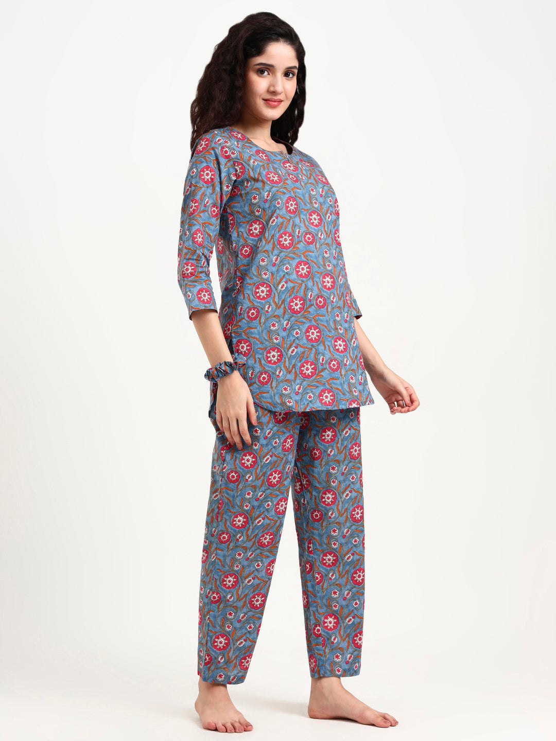 Blue Floral Print Cotton Night Suit