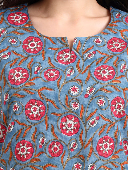 Blue Floral Print Cotton Night Suit