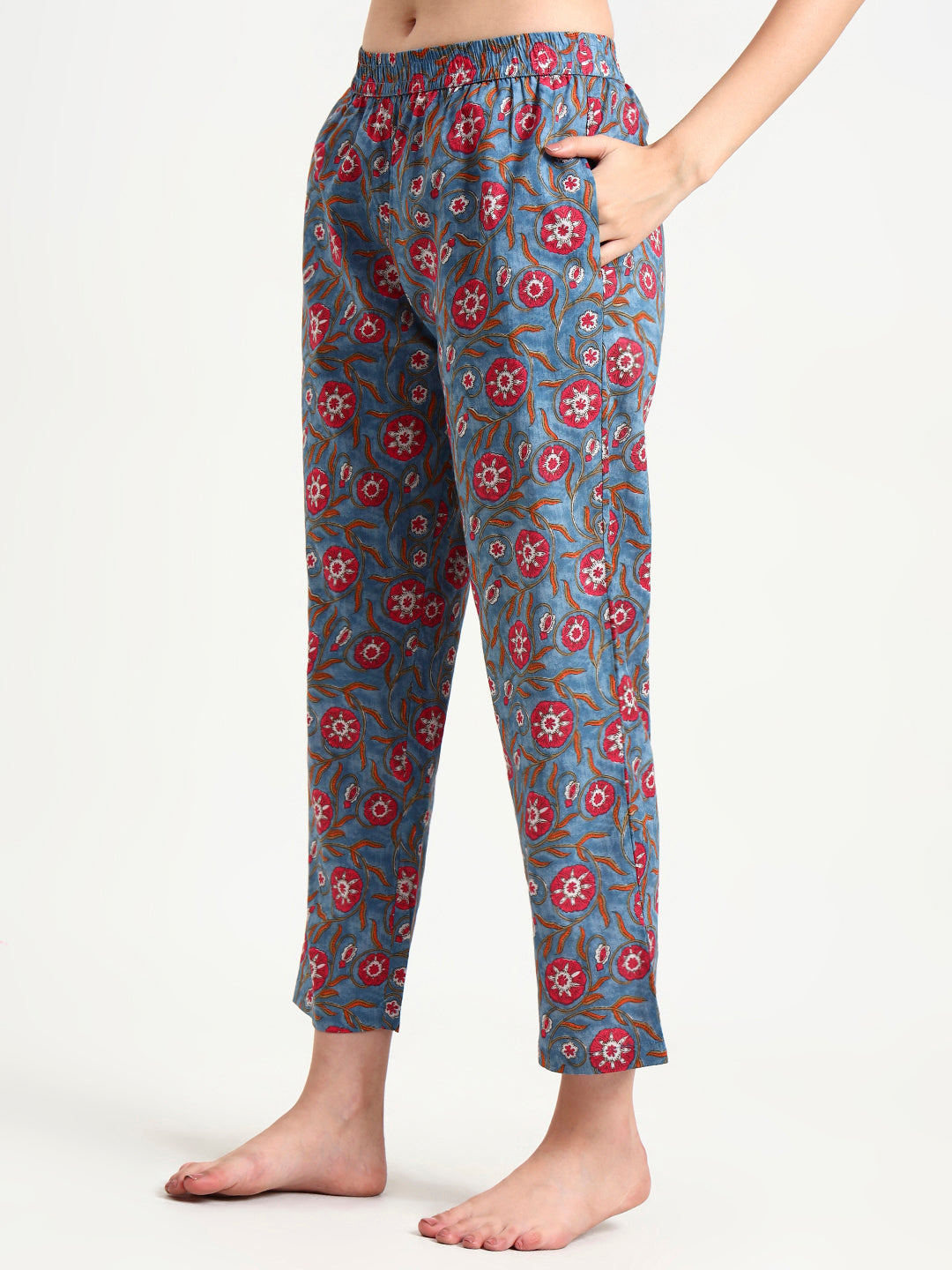 Blue Floral Print Cotton Night Suit