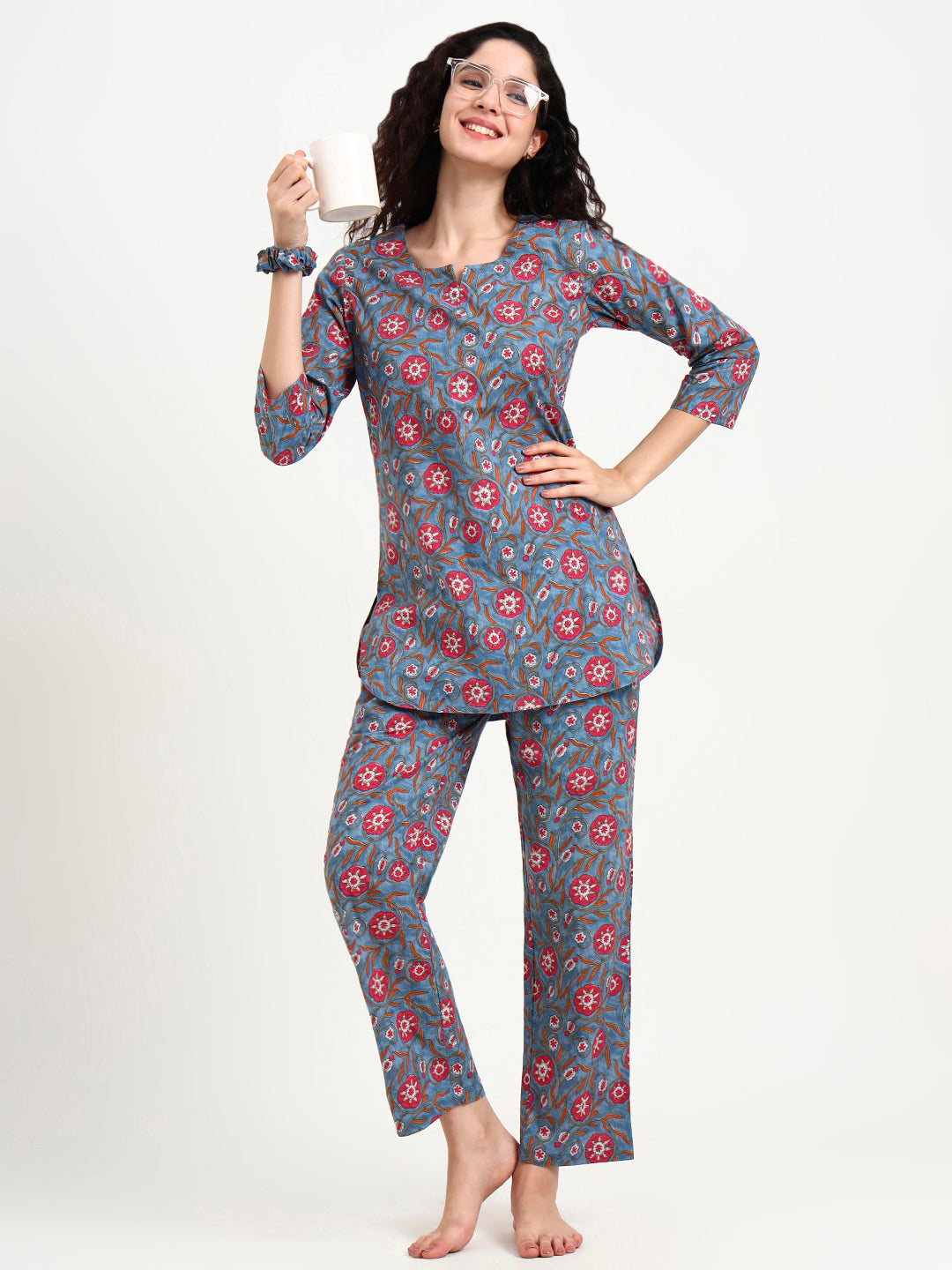 Blue Floral Print Cotton Night Suit