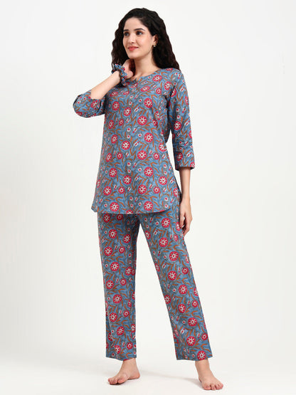 Blue Floral Print Cotton Night Suit