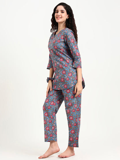 Blue Floral Print Cotton Night Suit