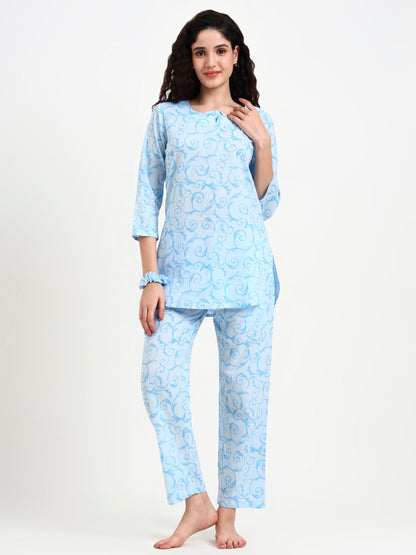 Sky Blue Floral Print Cotton Night Suit