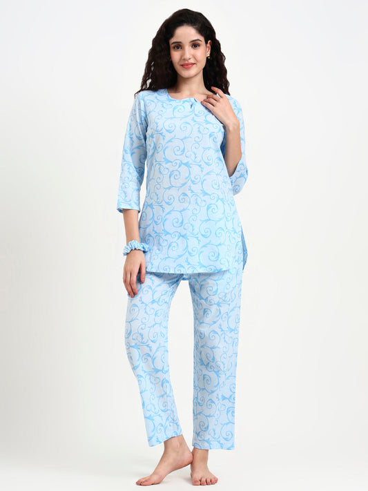 Sky Blue Floral Print Cotton Night Suit
