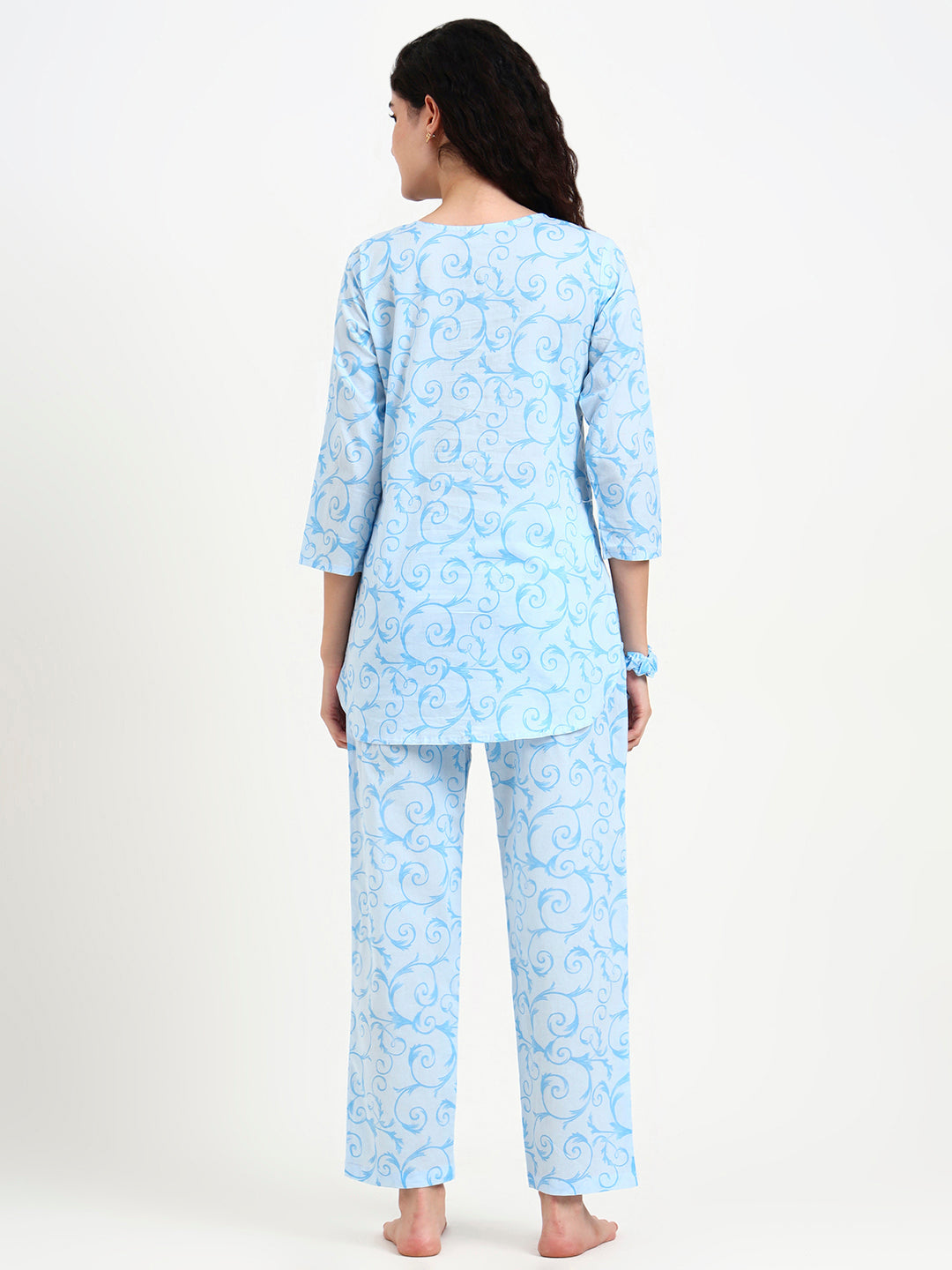 Sky Blue Floral Print Cotton Night Suit