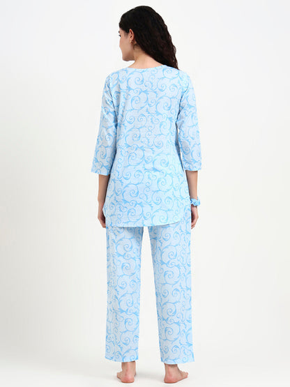 Sky Blue Floral Print Cotton Night Suit
