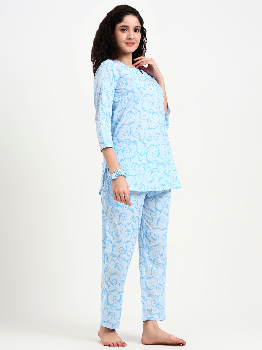 Sky Blue Floral Print Cotton Night Suit