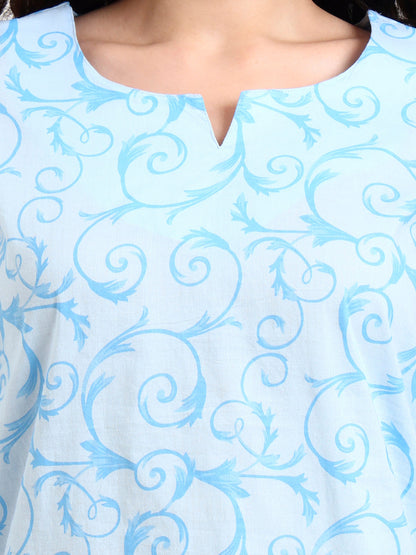 Sky Blue Floral Print Cotton Night Suit