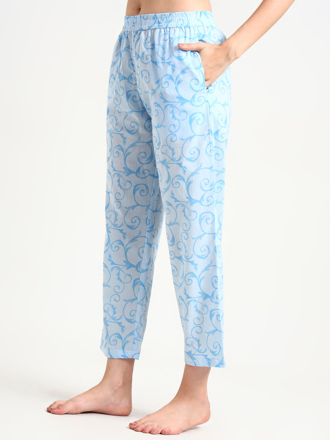 Sky Blue Floral Print Cotton Night Suit