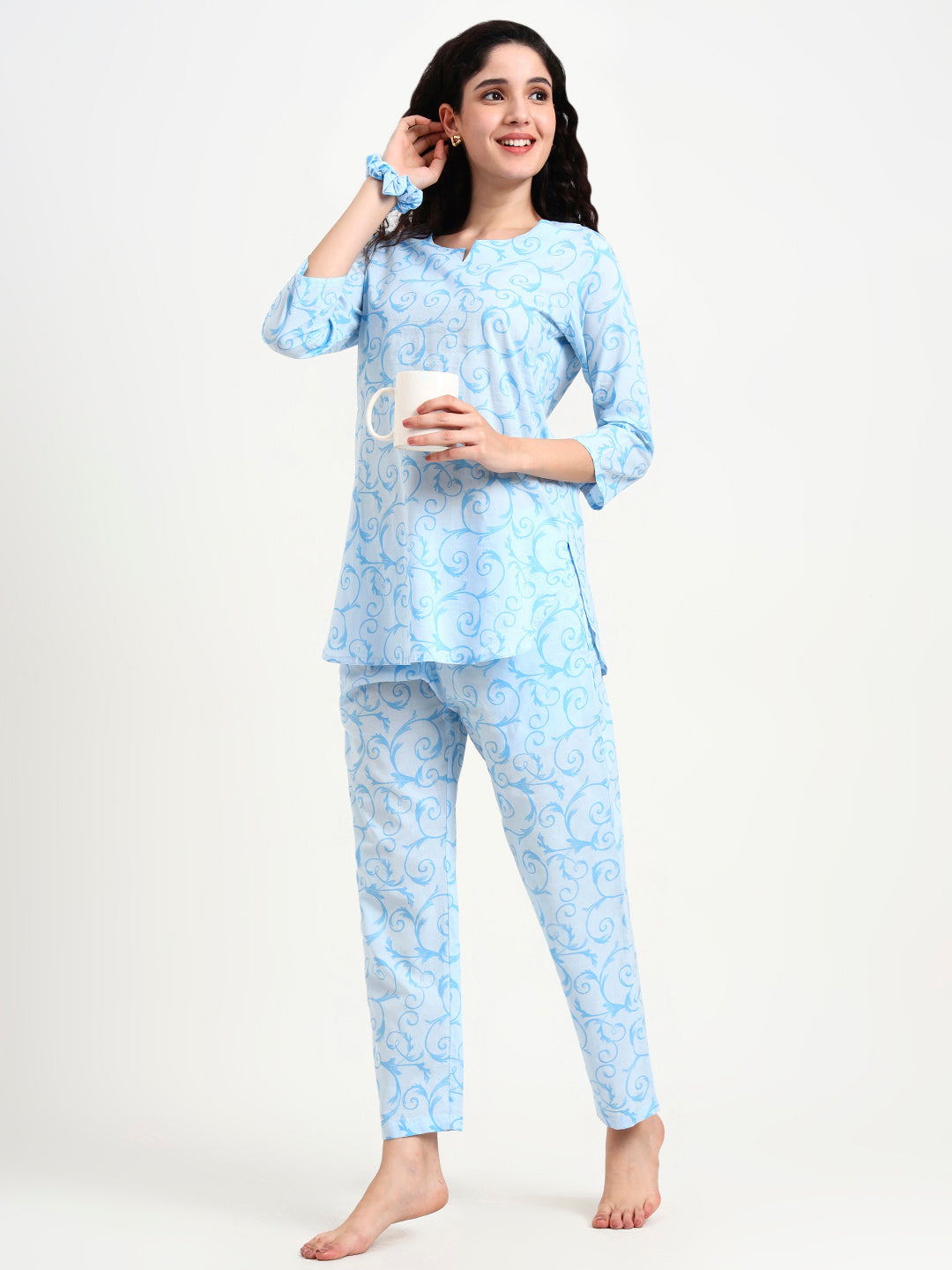 Sky Blue Floral Print Cotton Night Suit