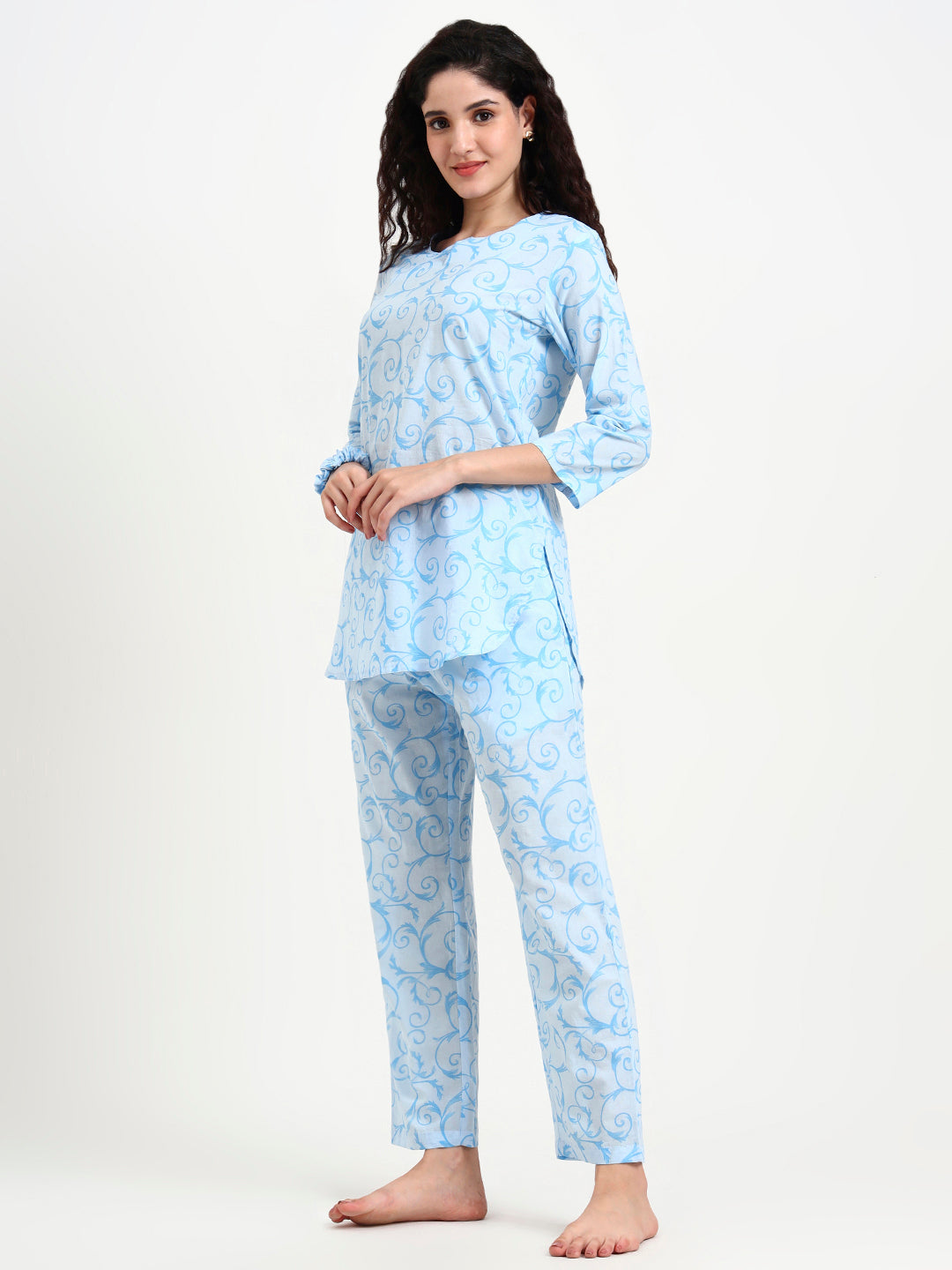 Sky Blue Floral Print Cotton Night Suit