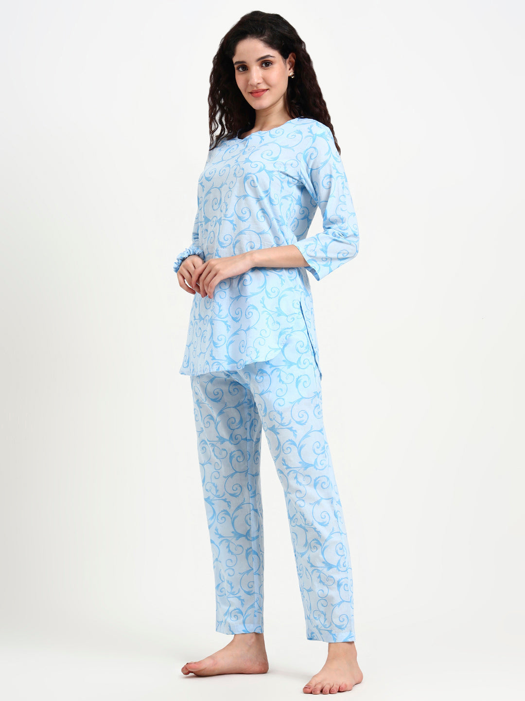 Sky Blue Floral Print Cotton Night Suit
