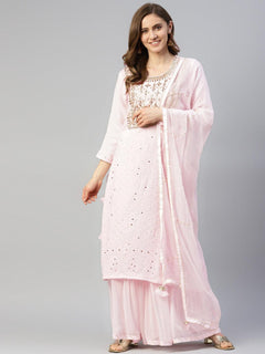 Pure Chicken krai georgette Powder Pink Kurta Palazoo Set with Dupatta