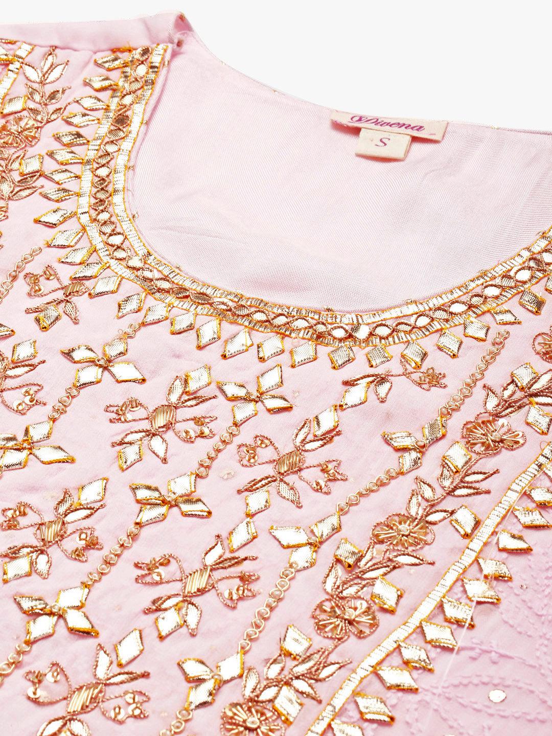  Pure Chicken krai georgette Powder Pink Kurta Palazoo Set with Dupatta - world.com