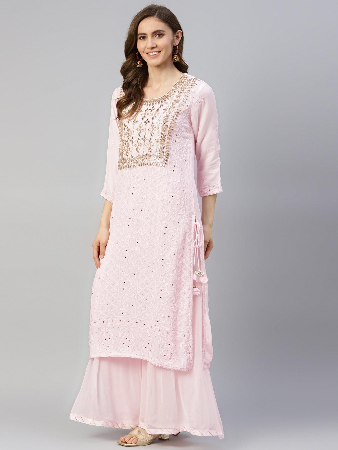  Pure Chicken krai georgette Powder Pink Kurta Palazoo Set with Dupatta - world.com