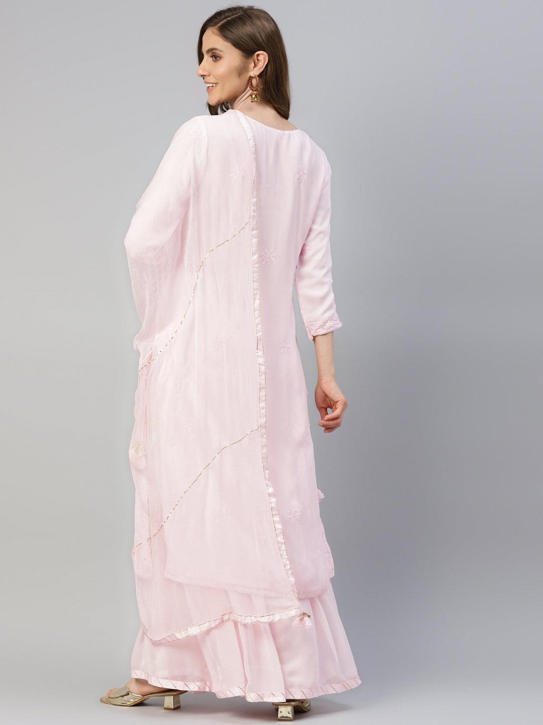  Pure Chicken krai georgette Powder Pink Kurta Palazoo Set with Dupatta - world.com
