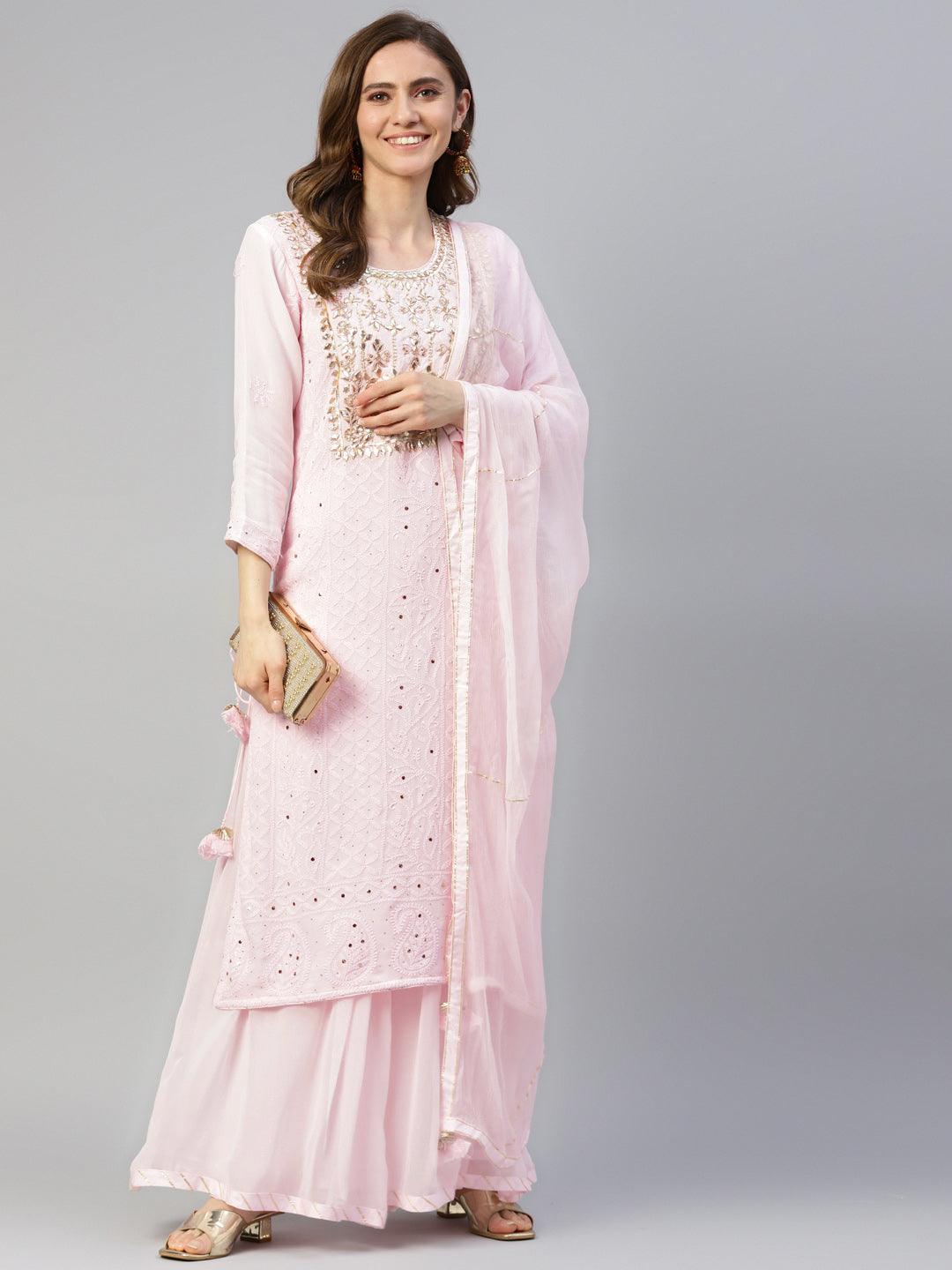  Pure Chicken krai georgette Powder Pink Kurta Palazoo Set with Dupatta - world.com