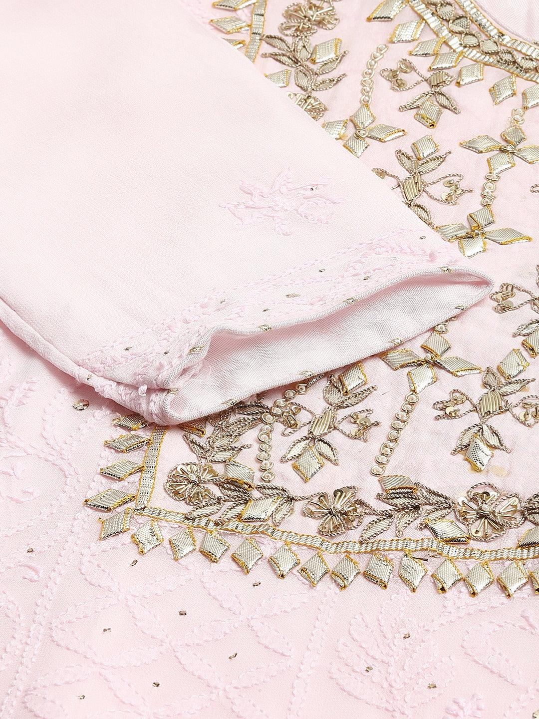  Pure Chicken krai georgette Powder Pink Kurta Palazoo Set with Dupatta - world.com