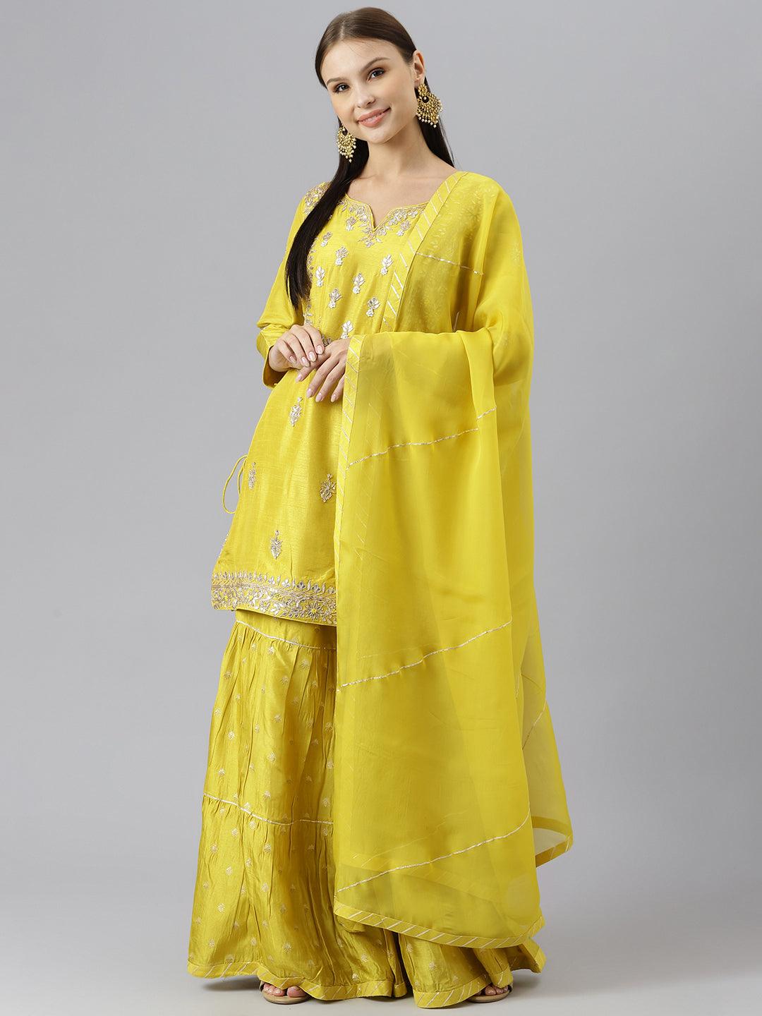  Lemon Yellow Pure Rassion Chenderi Kurta Sharara Set with Dupatta - world.com