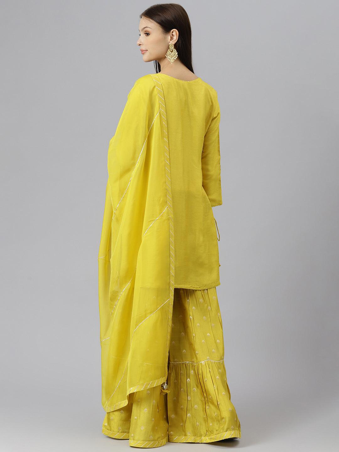  Lemon Yellow Pure Rassion Chenderi Kurta Sharara Set with Dupatta - world.com
