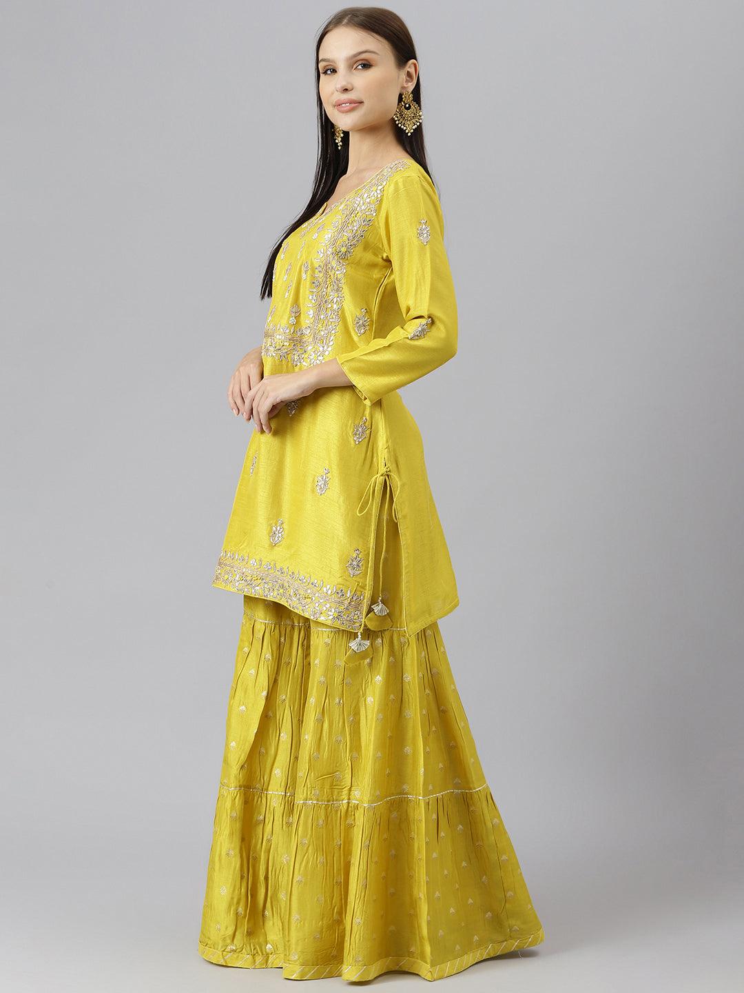  Lemon Yellow Pure Rassion Chenderi Kurta Sharara Set with Dupatta - world.com