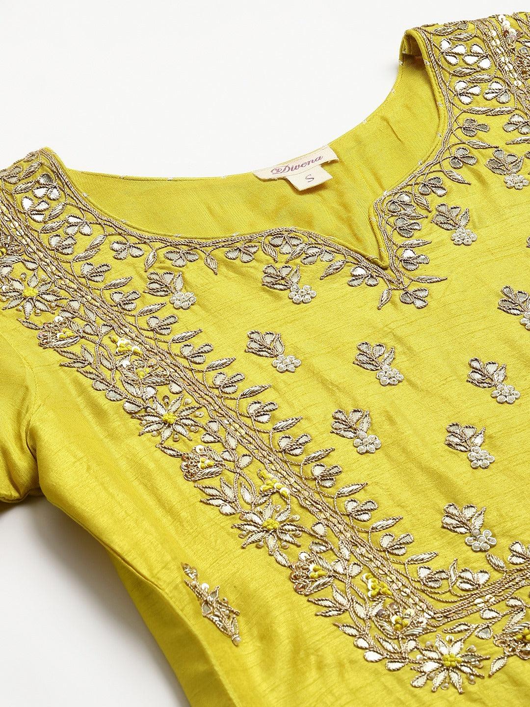  Lemon Yellow Pure Rassion Chenderi Kurta Sharara Set with Dupatta - world.com