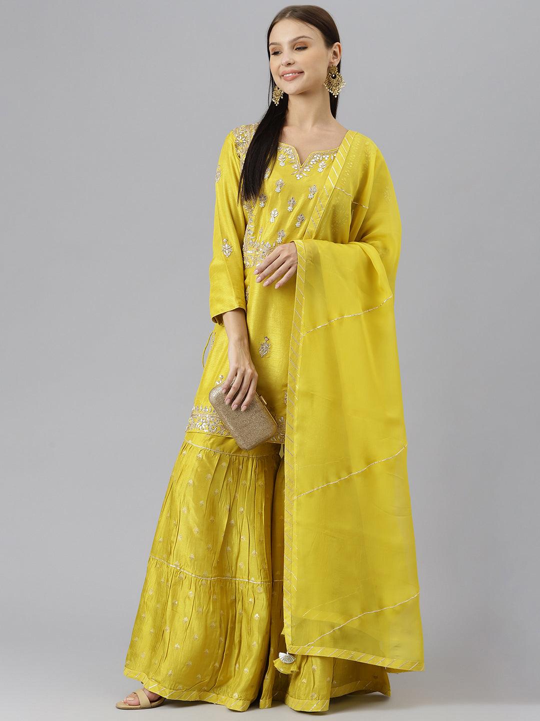  Lemon Yellow Pure Rassion Chenderi Kurta Sharara Set with Dupatta - world.com