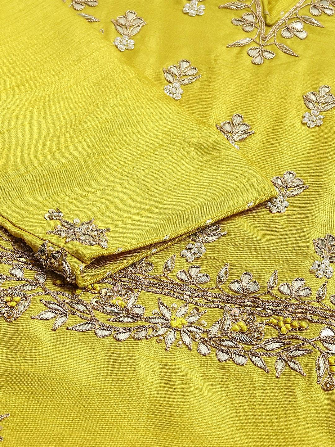 Lemon Yellow Pure Rassion Chenderi Kurta Sharara Set with Dupatta - world.com