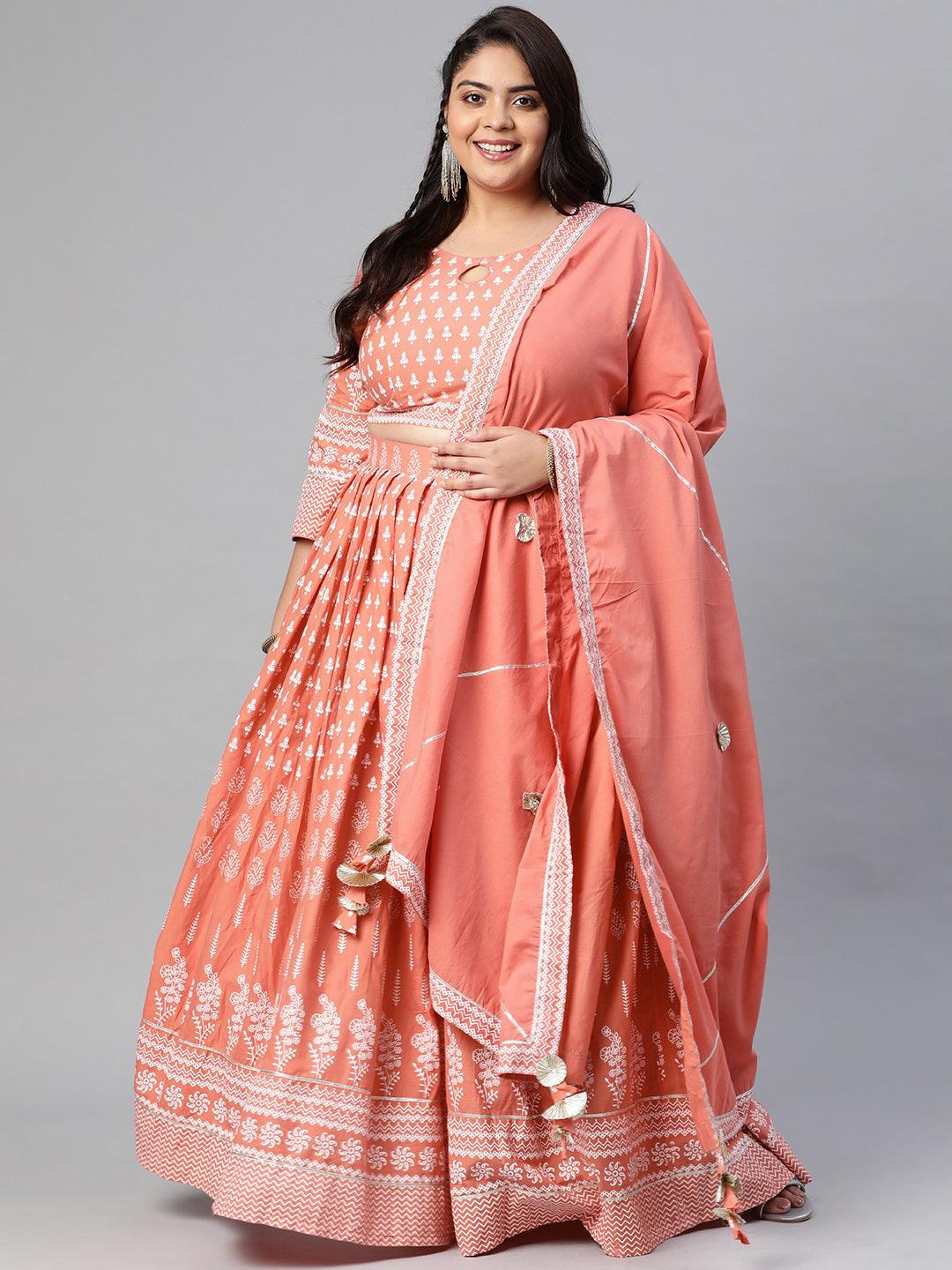 Plus Size Pink Printed Crop Top, lehenga with Dupatta set -  world