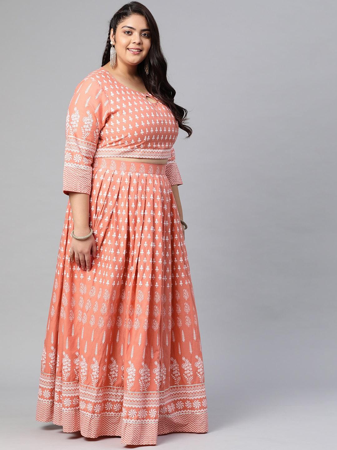 Plus Size Pink Printed Crop Top, lehenga with Dupatta set -  world