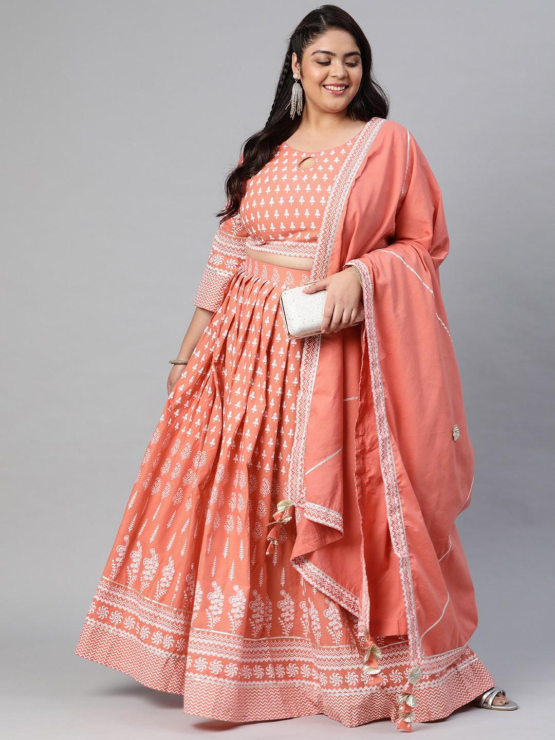 Plus Size Pink Printed Crop Top, lehenga with Dupatta set -  world