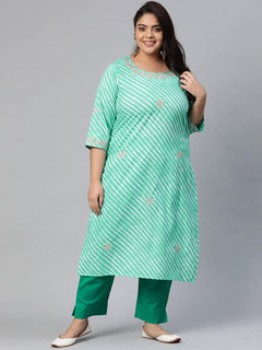 Plus Size Green Leheriya Cotton Gota Patti  Straight Kurta