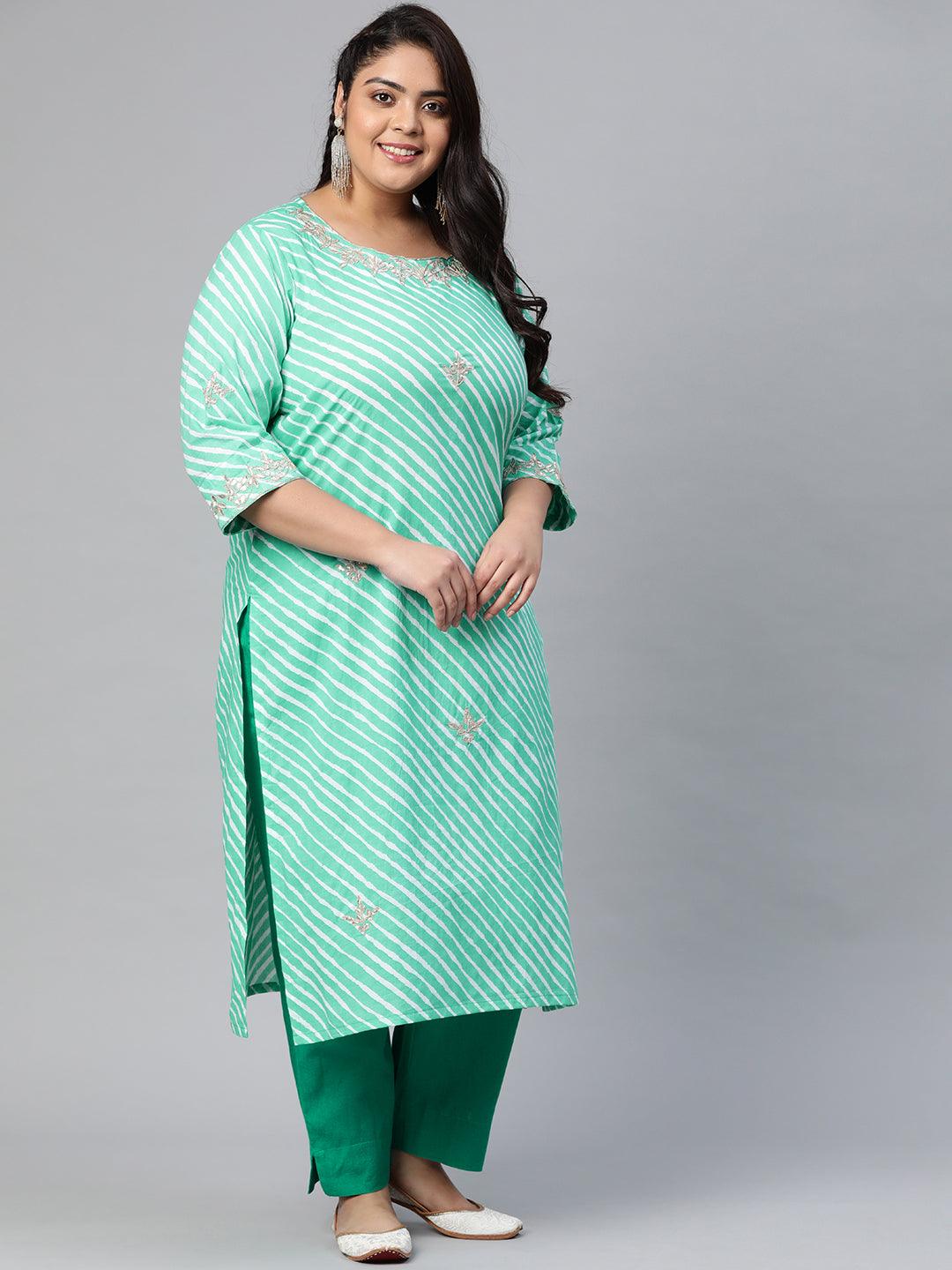 Plus Size Green Leheriya Cotton Gota Patti Straight Kurta -  world