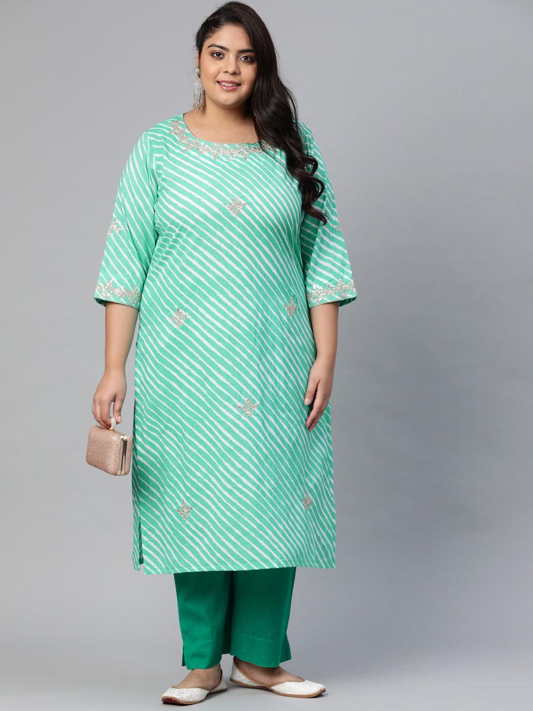Plus Size Green Leheriya Cotton Gota Patti Straight Kurta -  world