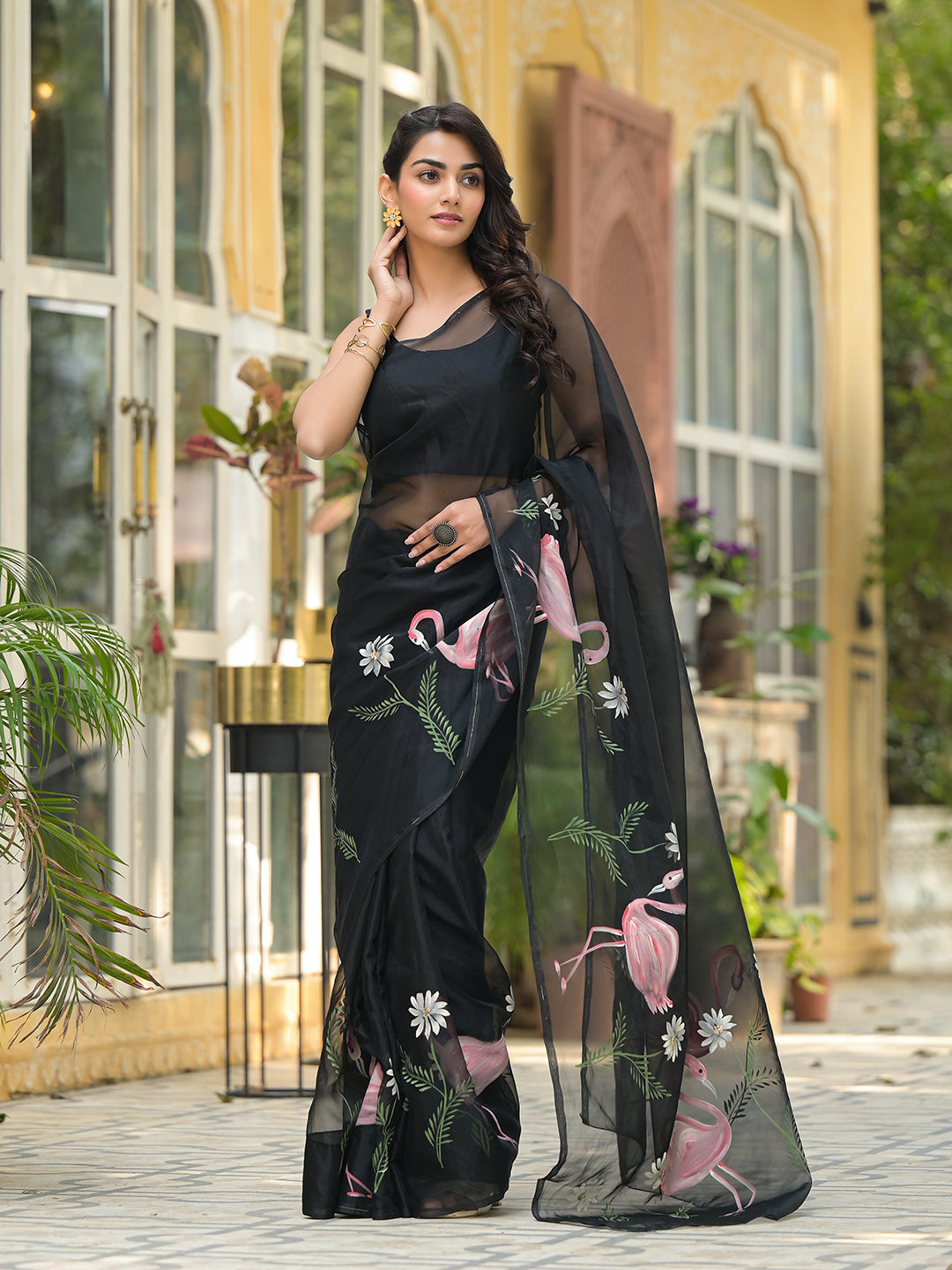 Black Hand painted Organza Saree