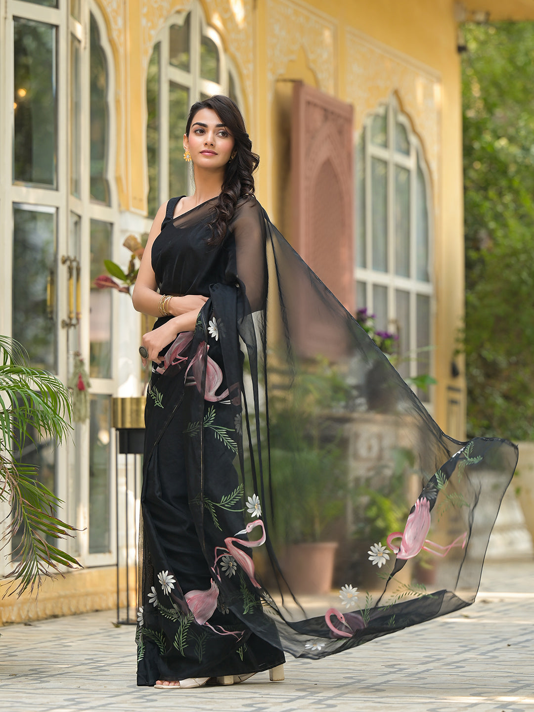Black Hand painted Organza Saree
